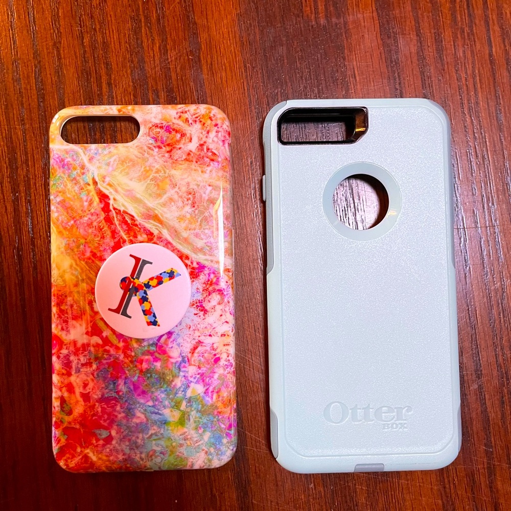 iPhone 8+ Blue Otterbox Case, Rainbow Case and Pop Socket